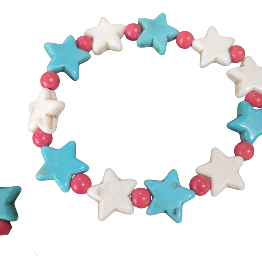 Patriotic Turquoise and White Star Necklace and Bracelet set with red beads - Picture 4 of 5